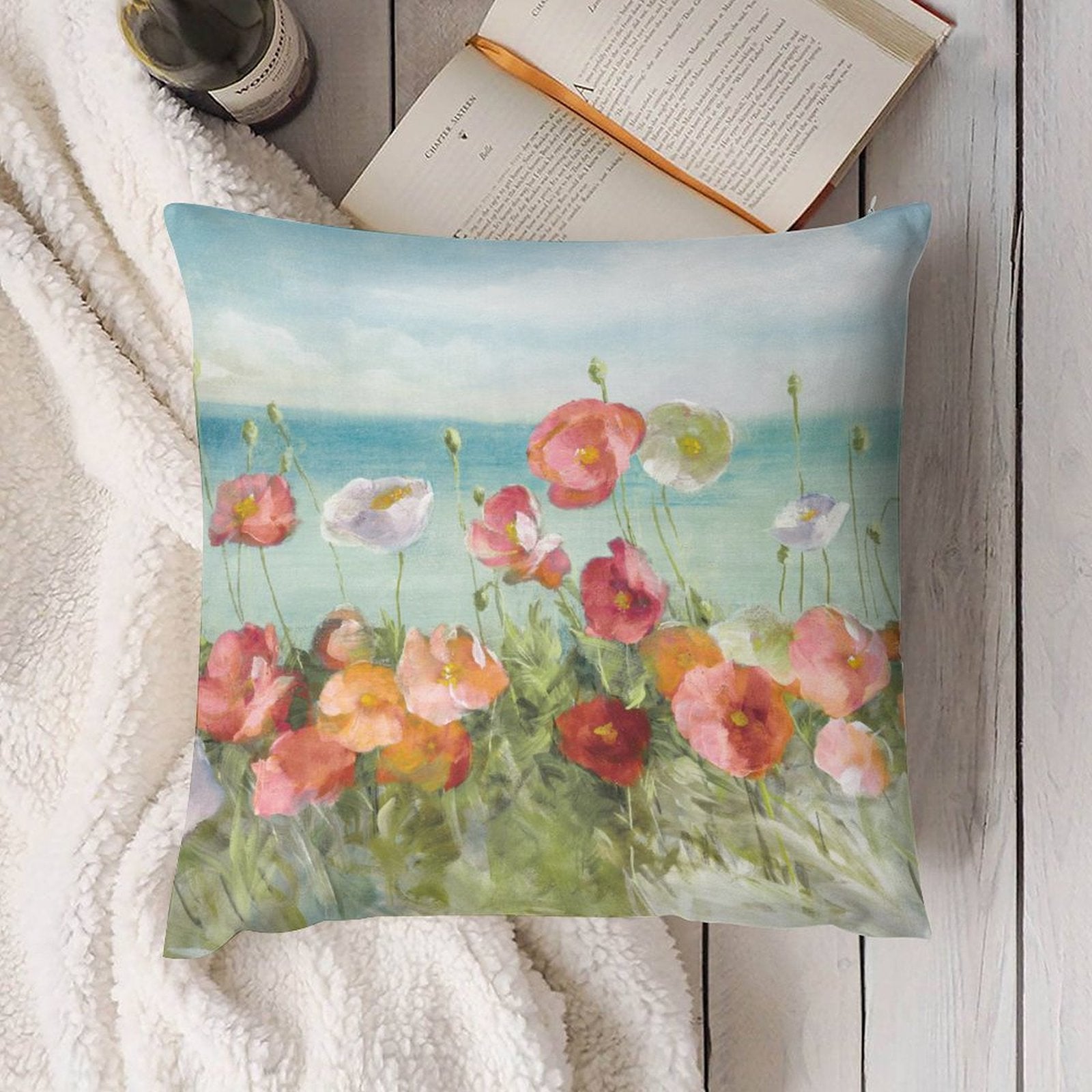 Poppy floral plush throw pillow. Soft and fluffy decorative cover for sofa or couch. Features a sea view design.