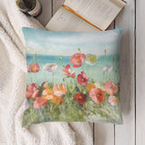 Poppy floral plush throw pillow. Soft and fluffy decorative cover for sofa or couch. Features a sea view design.