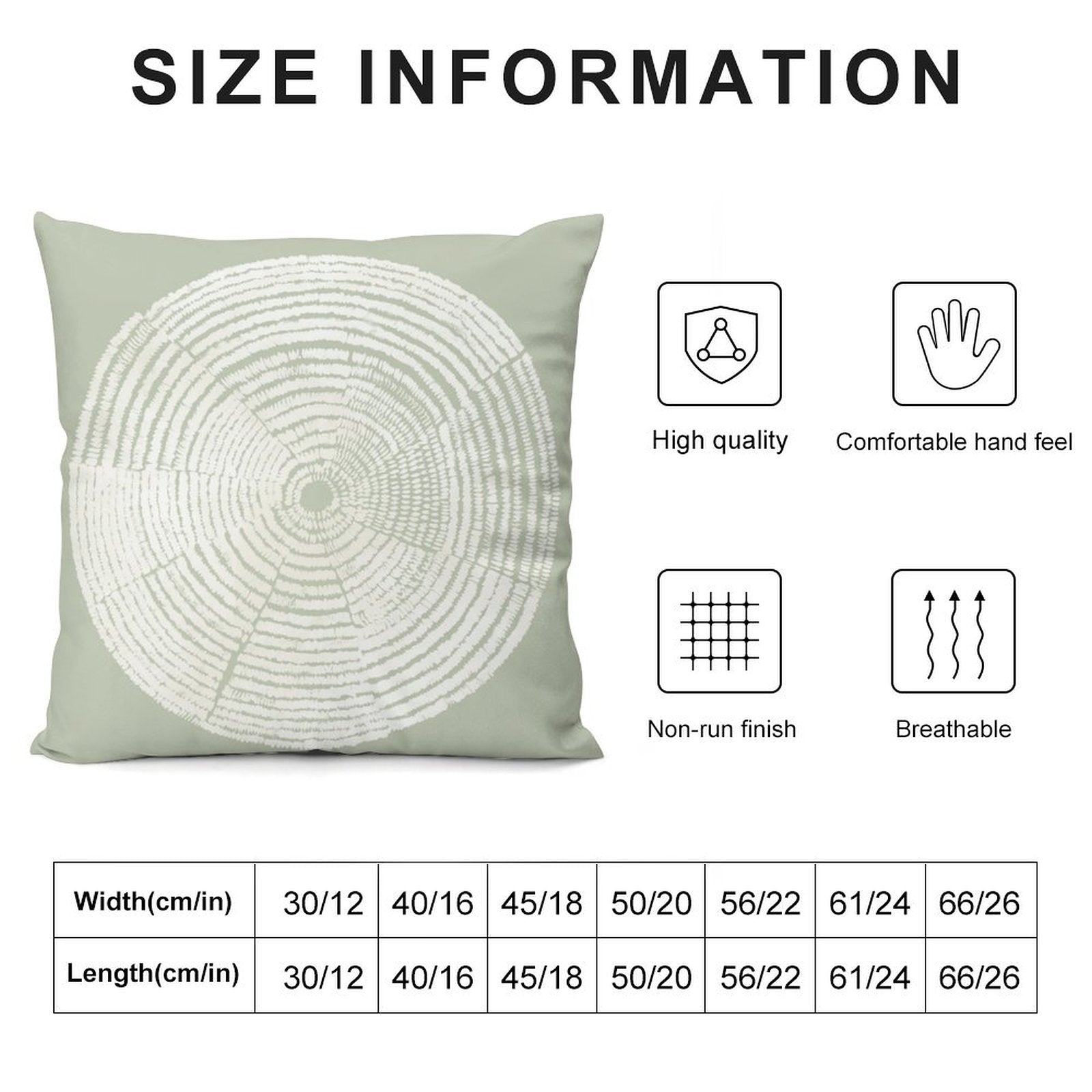 Green plush pillow with tree ring design. High-quality, breathable, and soft for living room and sofa. Size information.