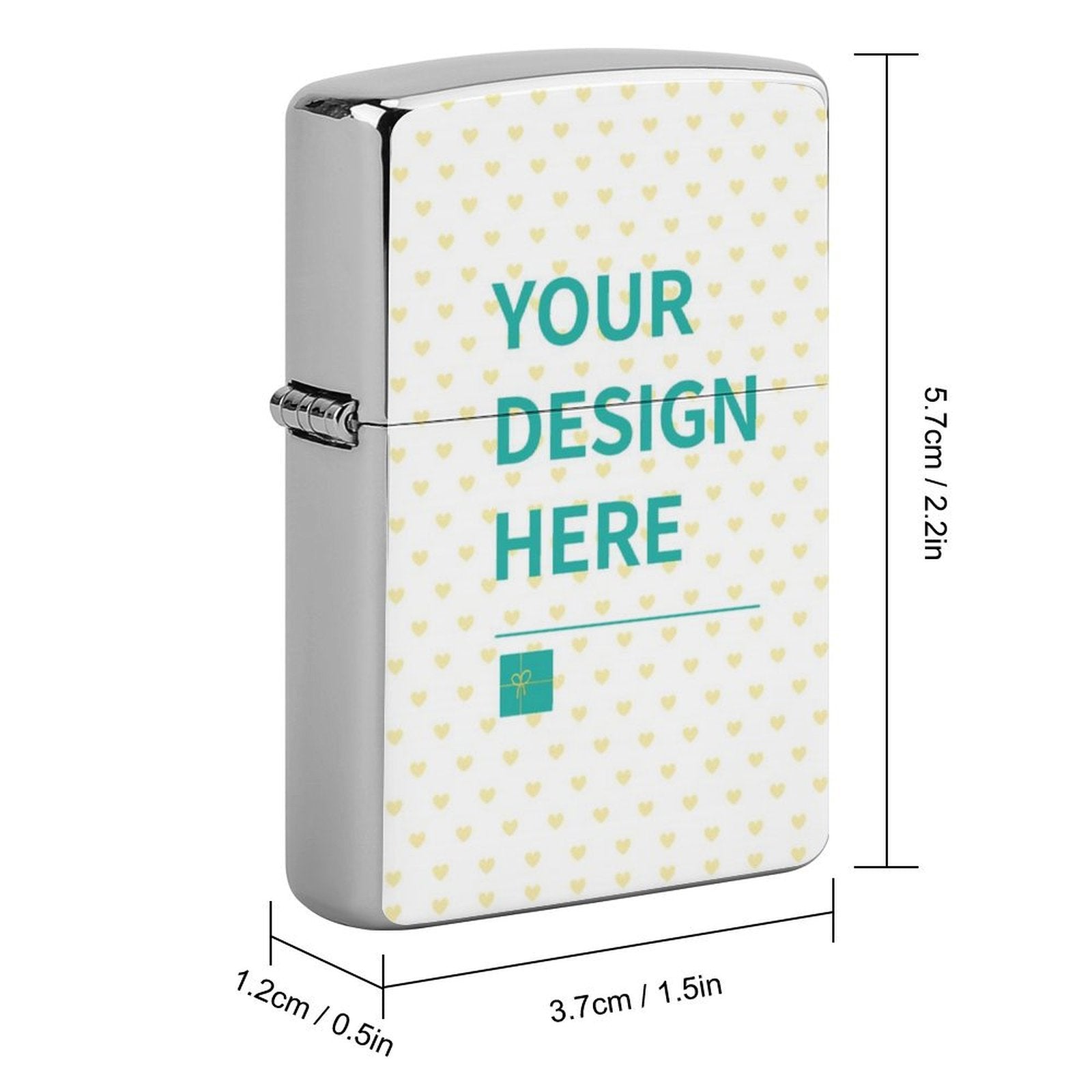 Customizable lighter case with 'YOUR DESIGN HERE' and heart pattern; personalized gift for men.