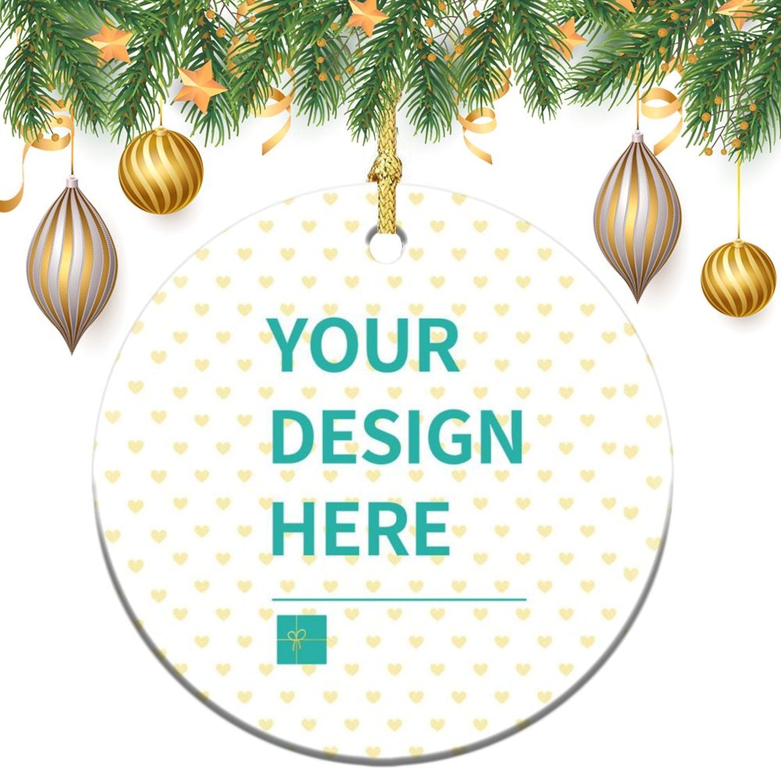 Personalized round Christmas ornament, custom design ceramic decoration with Your Design Here text, Xmas tree decor.