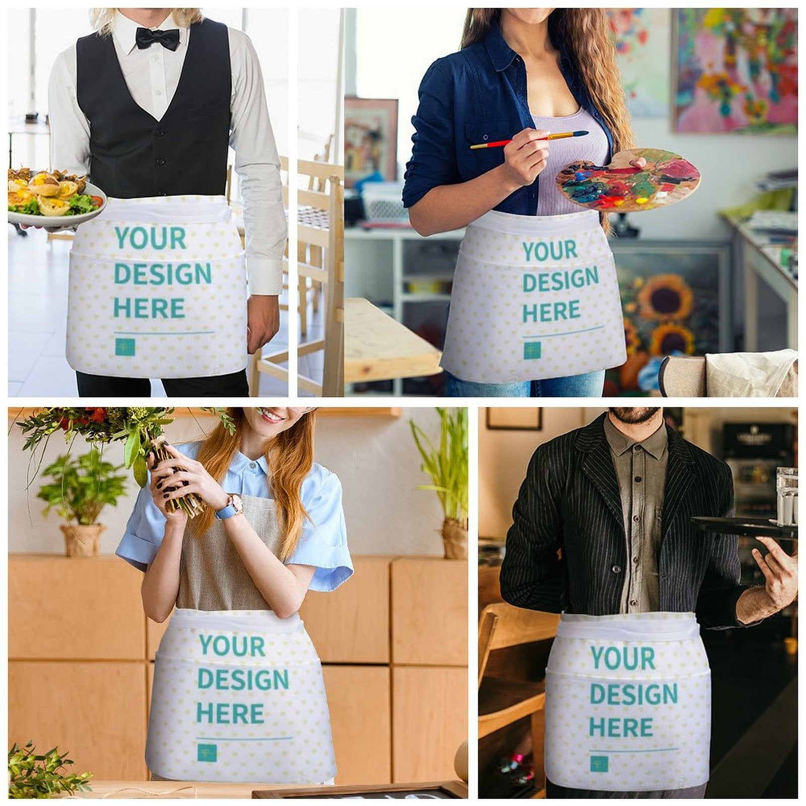 Customizable white Oxford cloth aprons with pockets, featuring 'YOUR DESIGN HERE', perfect for personalized chef aprons.