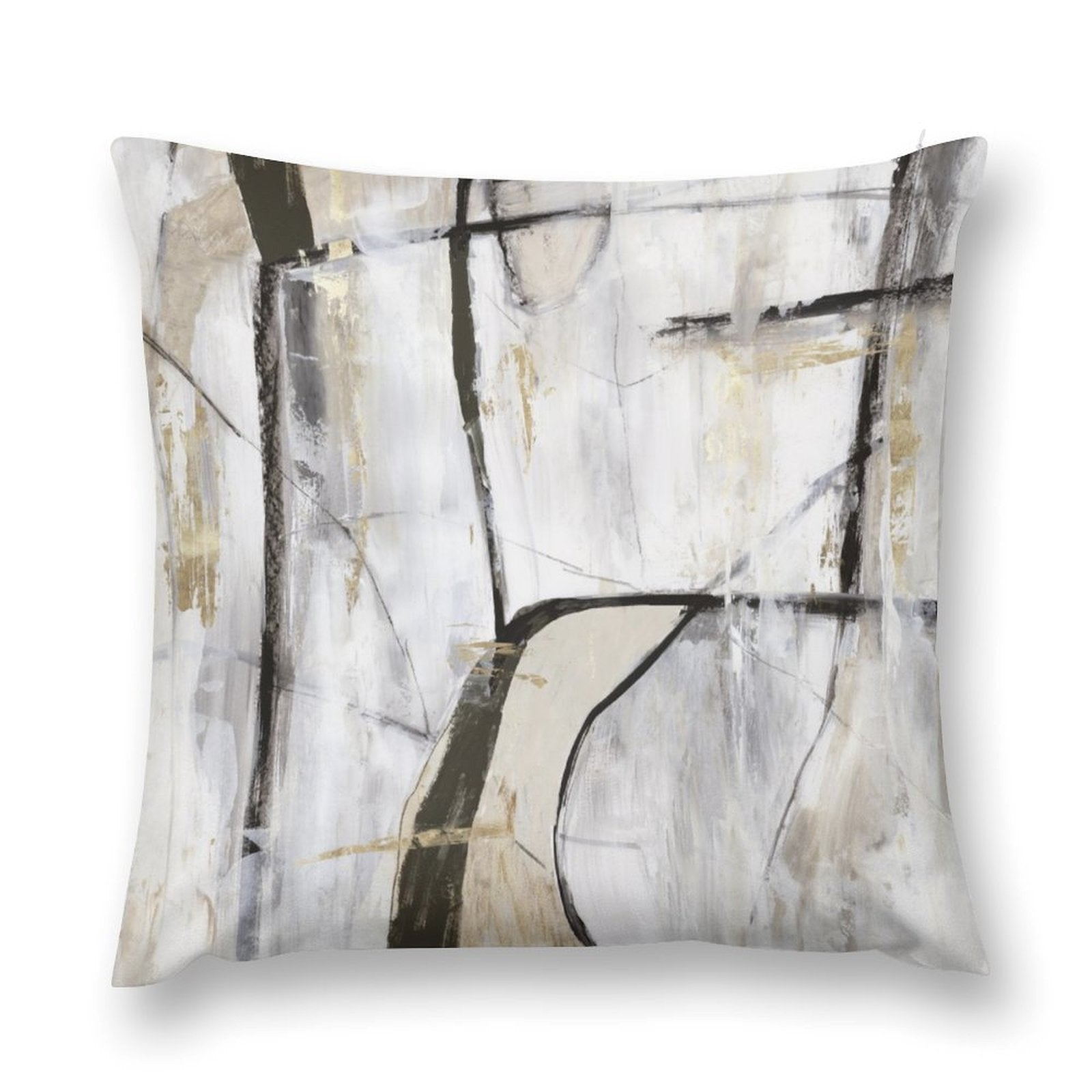 Abstract art plush throw pillow cover with geometric design, black gray beige gold