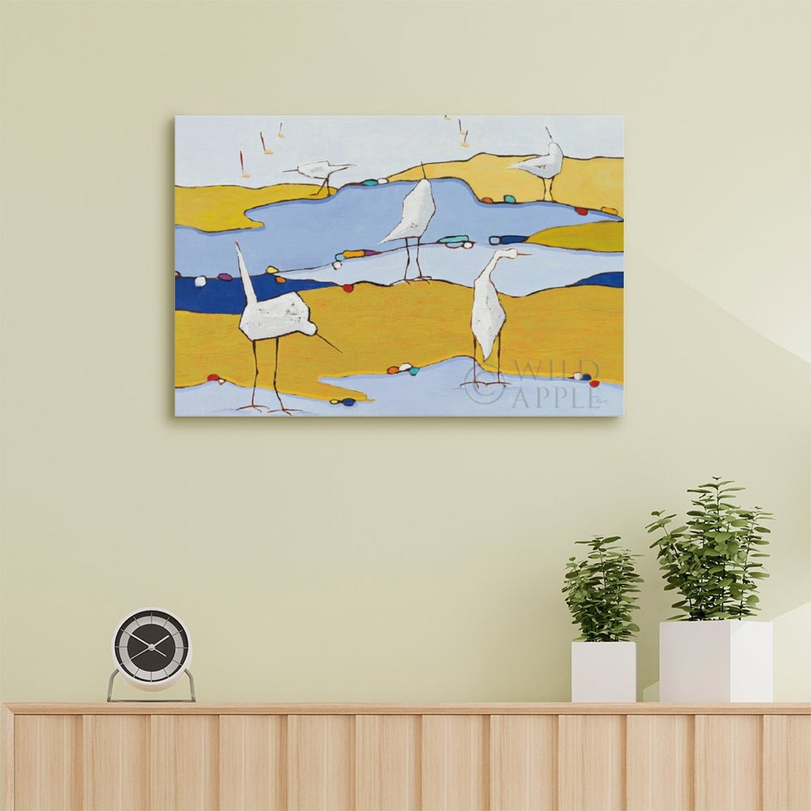 Abstract canvas art of white birds on yellow and blue landscape, canvas wall art for family. Made in USA