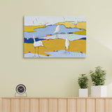 Abstract canvas art of white birds on yellow and blue landscape, canvas wall art for family. Made in USA
