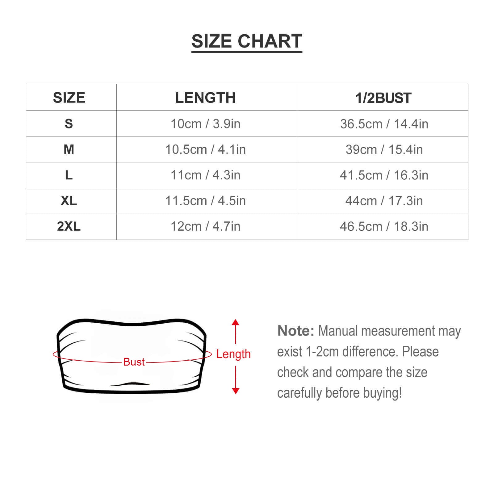 Custom tube top size chart for women's bralettes: bust and length measurements for S-2XL sizes, ensure perfect fit.