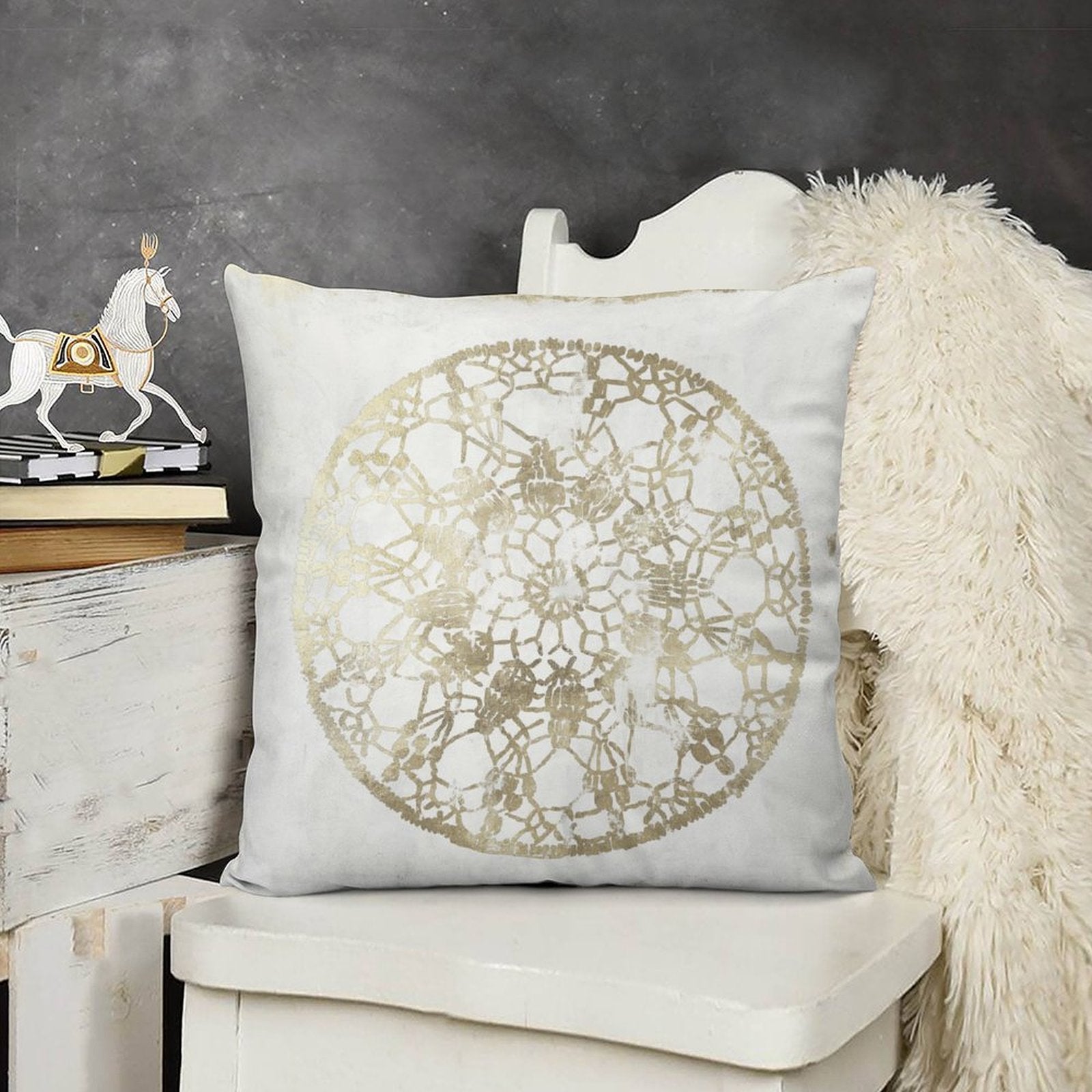White plush throw pillow cover with gold lace design, perfect for sofa and couch. Decorative living room pillow.
