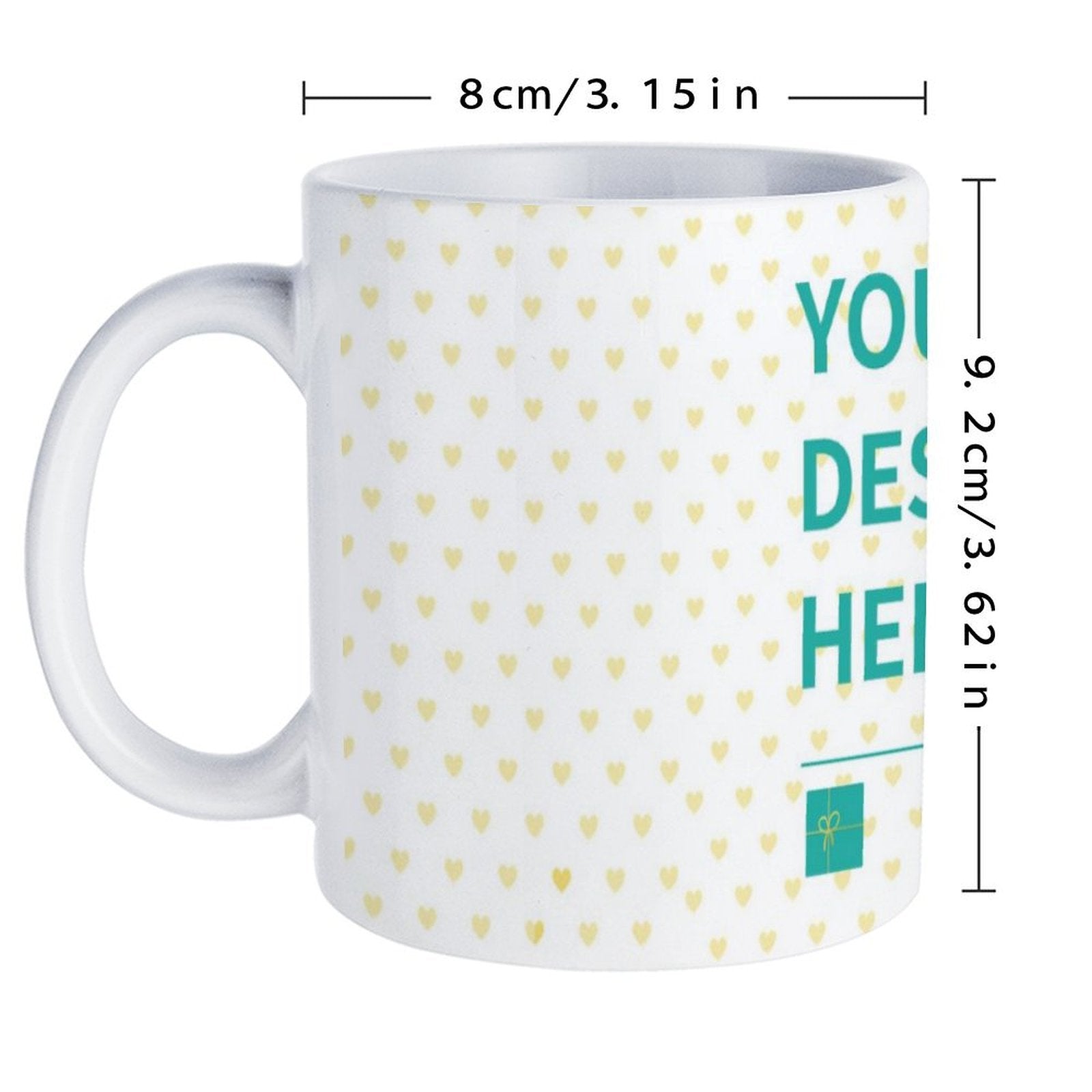 Custom white ceramic mug with yellow heart pattern and "YOUR DESIGN HERE" for a personalized gift.