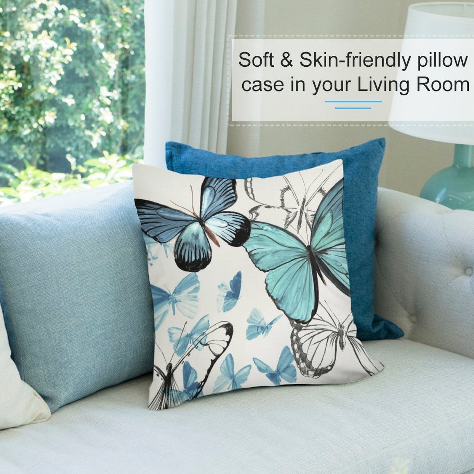 Plush pillow cover with blue butterfly art, soft & skin-friendly for living room decor