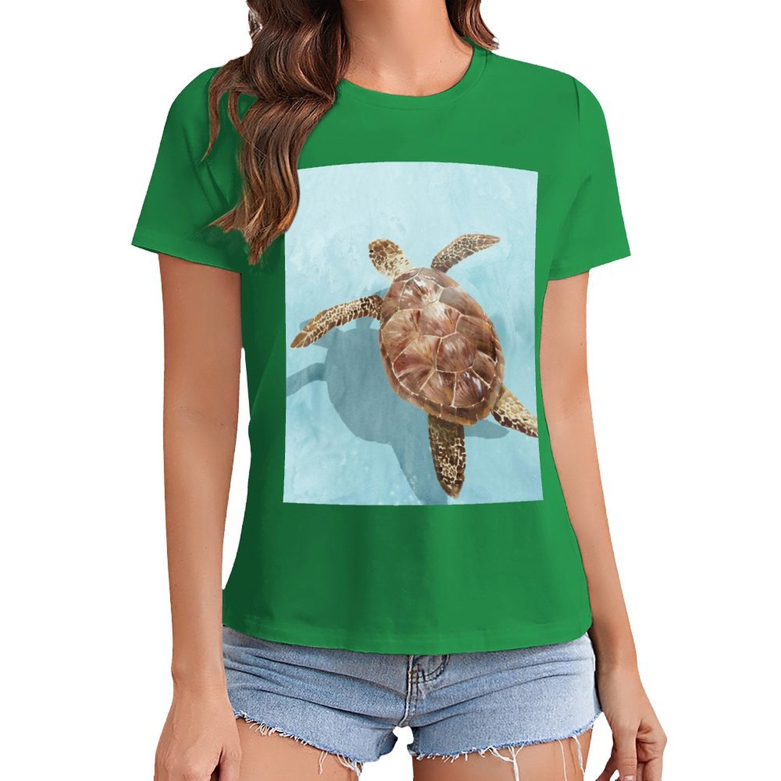 Green women's tee with sea turtle graphic, short sleeve crewneck t-shirt, MyArtsyGift