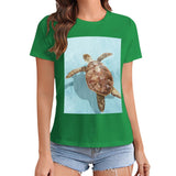Green women's tee with sea turtle graphic, short sleeve crewneck t-shirt, MyArtsyGift