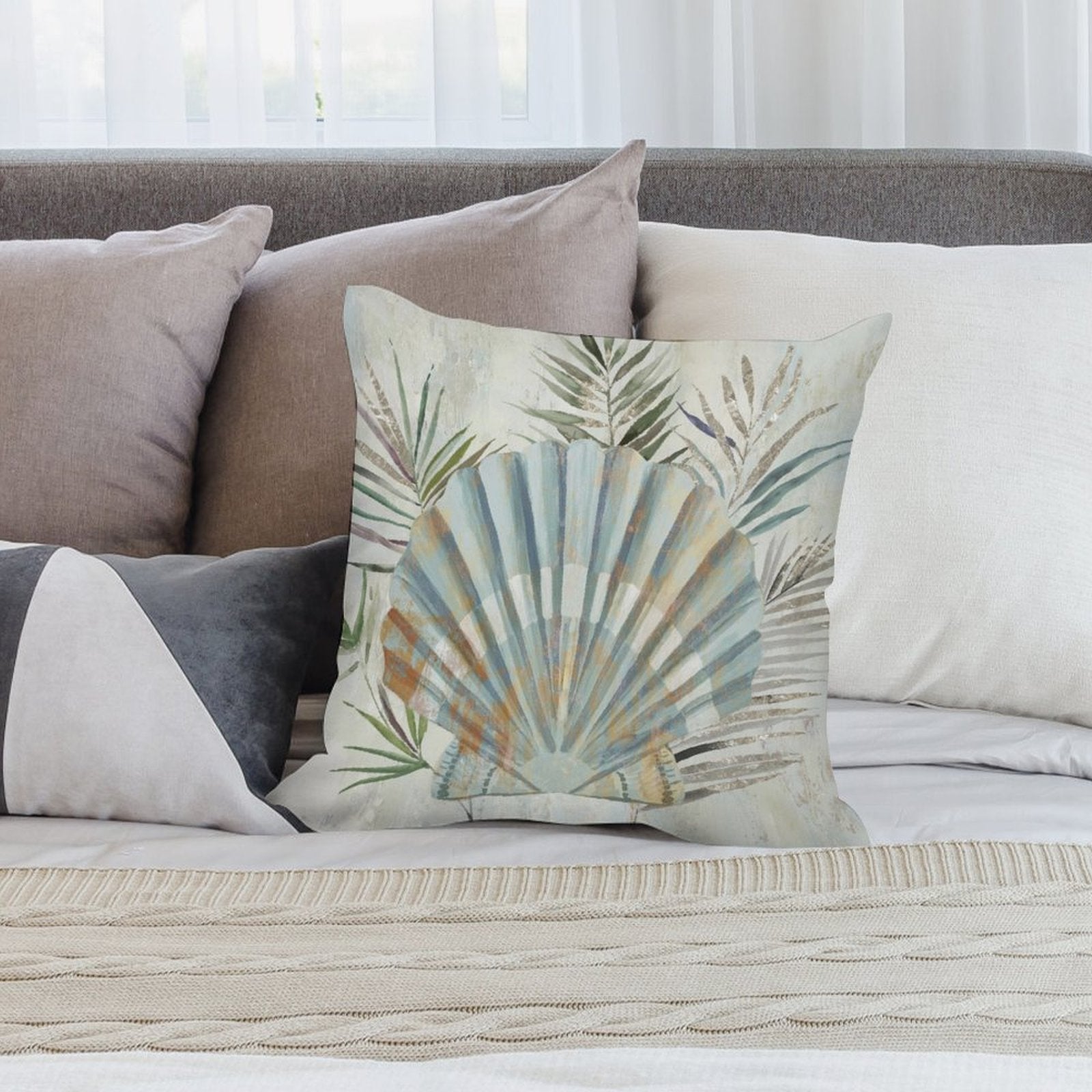Soft plush throw pillow cover featuring seashell art. Decorative design for sofa or couch, soft fabric, invisible zipper