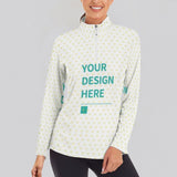 Custom long sleeve yoga shirt for woman with half-zip, white with heart pattern, "YOUR DESIGN HERE", Lycra workout top