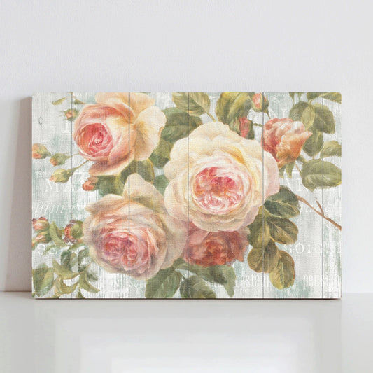 Vintage Roses on Driftwood Canvas Print, a classic floral wall art for home decor.
