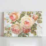 Vintage Roses on Driftwood Canvas Print, a classic floral wall art for home decor.