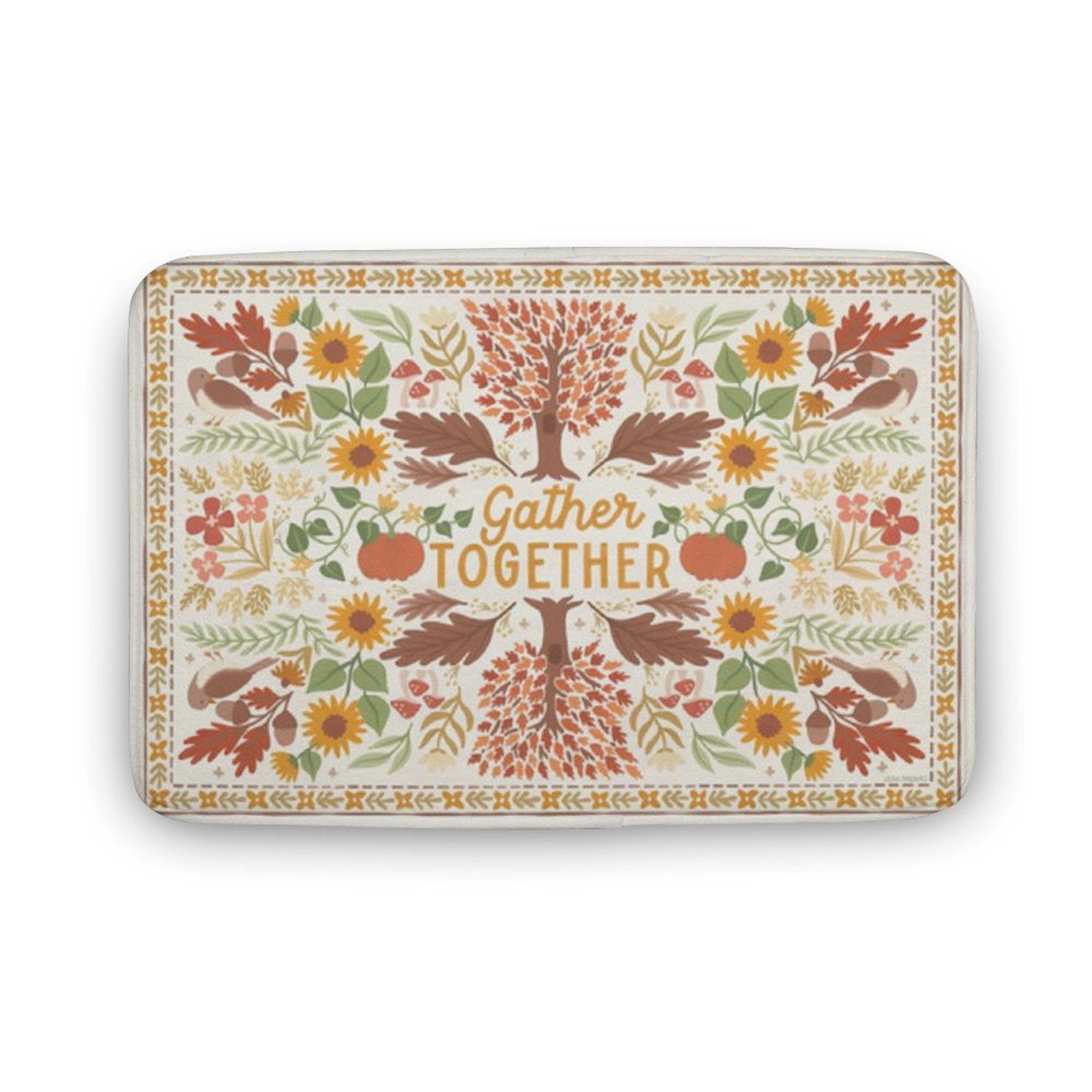 Coral velvet bath rug with "Gather Together" text; floral design, non-slip for bathroom, kitchen or bedroom