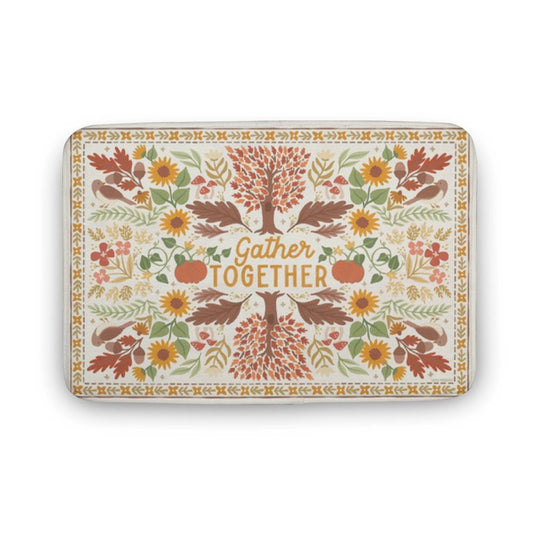 Coral velvet bath rug with "Gather Together" text; floral design, non-slip for bathroom, kitchen or bedroom