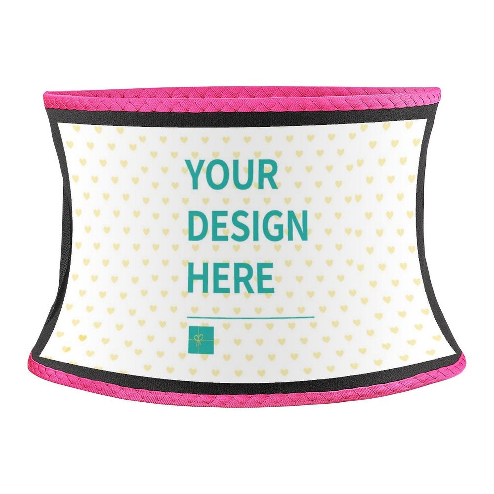 Customizable waist trimmer for women and men with design area for personalization, black and pink accents