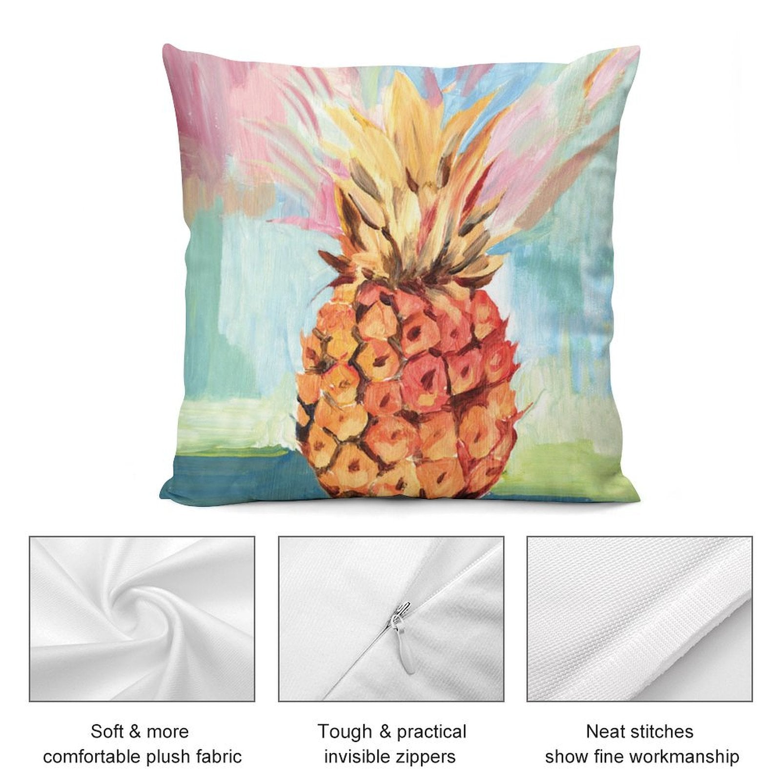 Pineapple plush pillow cover with soft fabric, invisible zipper, and neat stitching, perfect for sofa or couch decor.