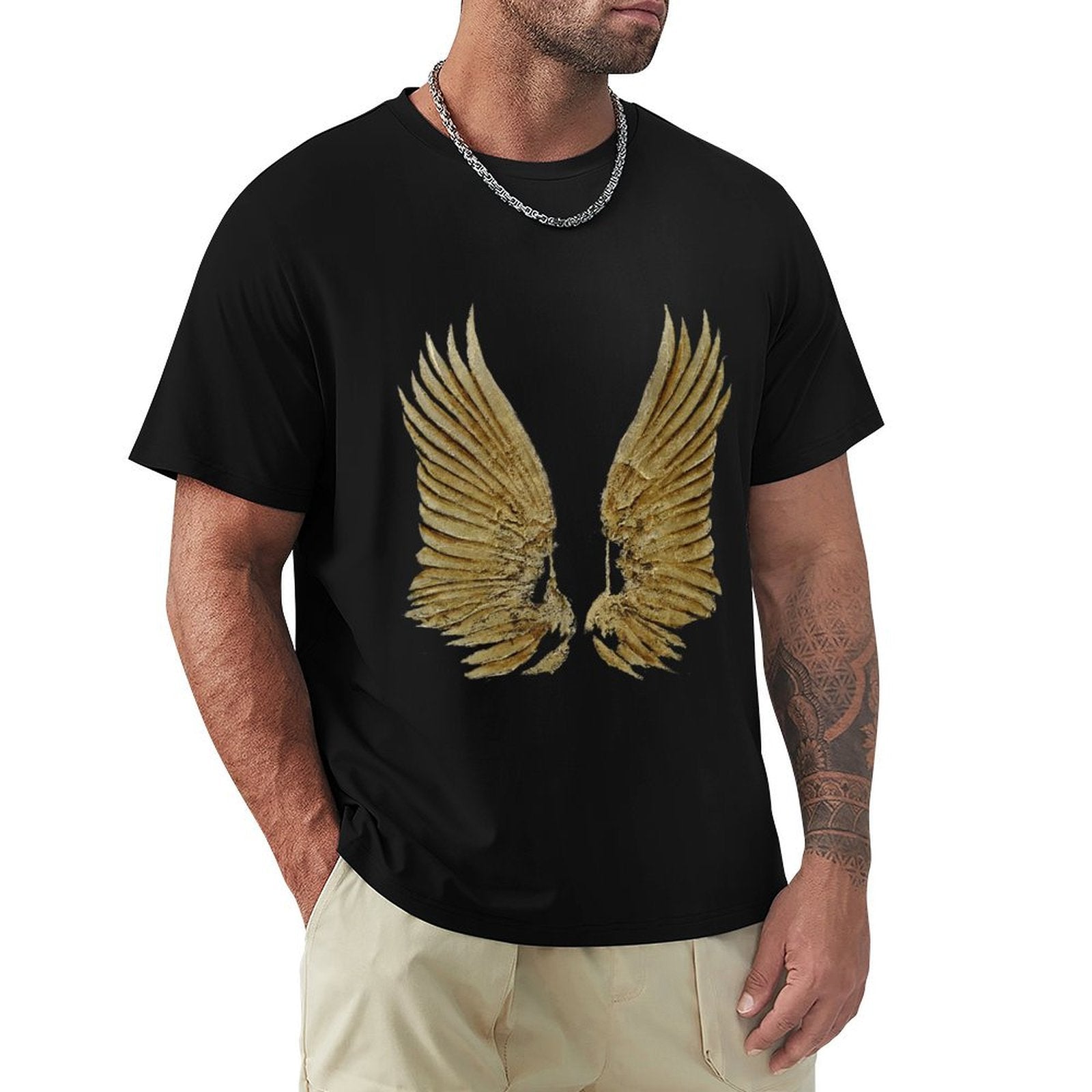 Black men's t-shirt with golden wings design, made of cotton, a classic tee for men.