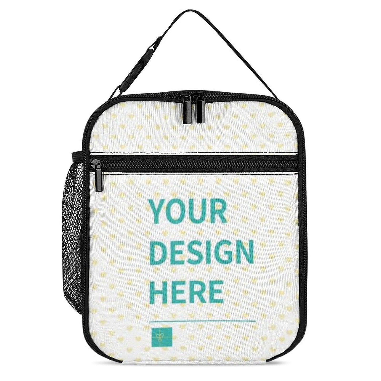Customizable lunch box tote bag with 'YOUR DESIGN HERE' text, insulated, and leakproof, ideal for work, picnic, and travel