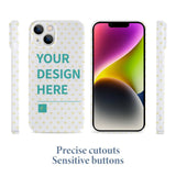 Custom iPhone 14 series phone case with heart pattern and "YOUR DESIGN HERE" design, PC plastic protective cover.