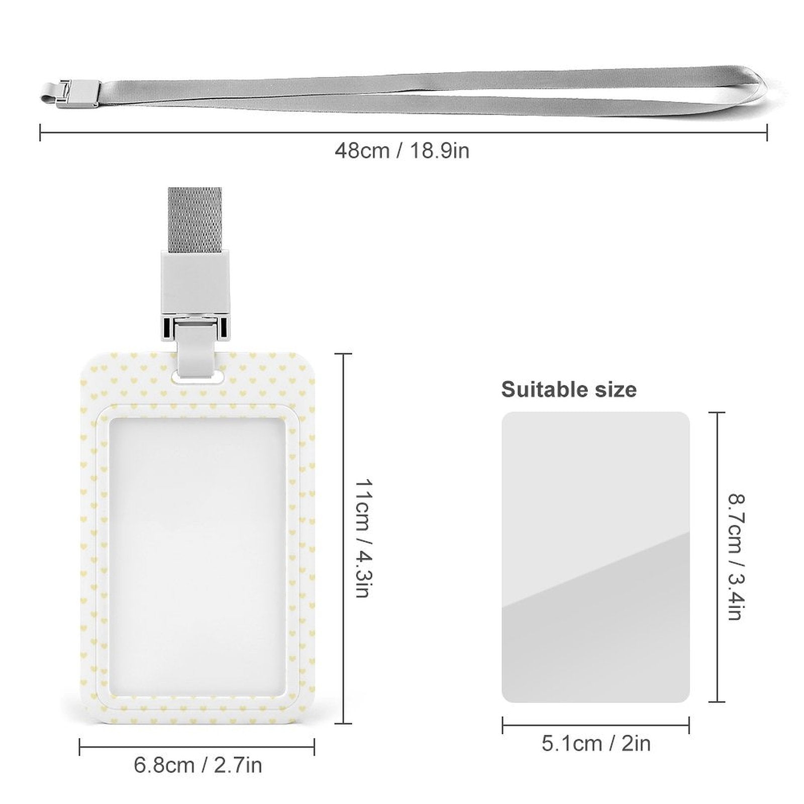 Personalized badge holder lanyard, white with yellow hearts. Perfect for office, student, or teacher ID cards.