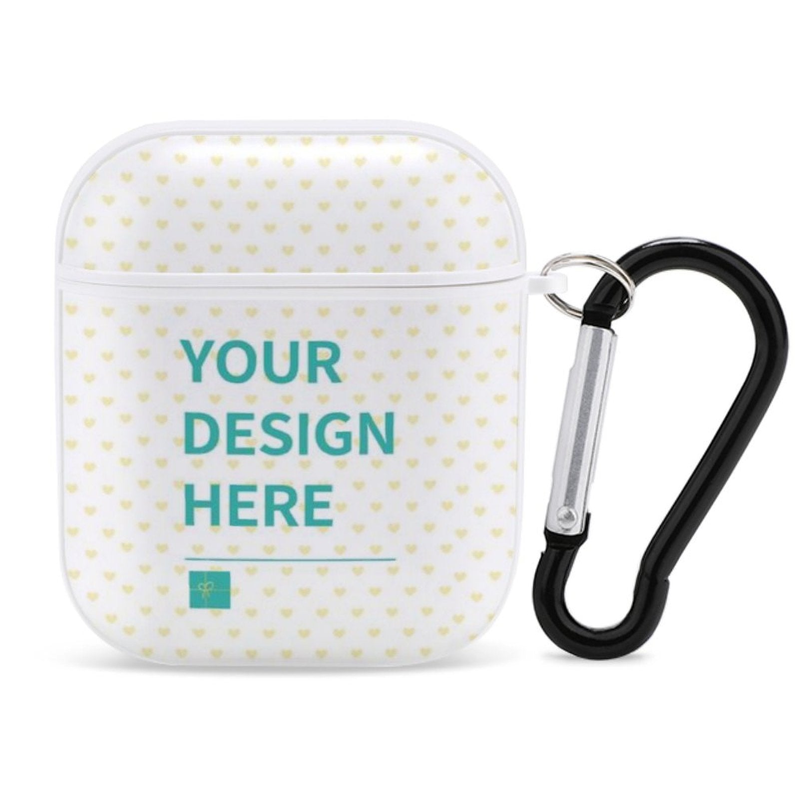 Custom AirPods case with 'YOUR DESIGN HERE' design, heart pattern, and black carabiner