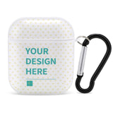 Custom AirPods case with 'YOUR DESIGN HERE' design, heart pattern, and black carabiner