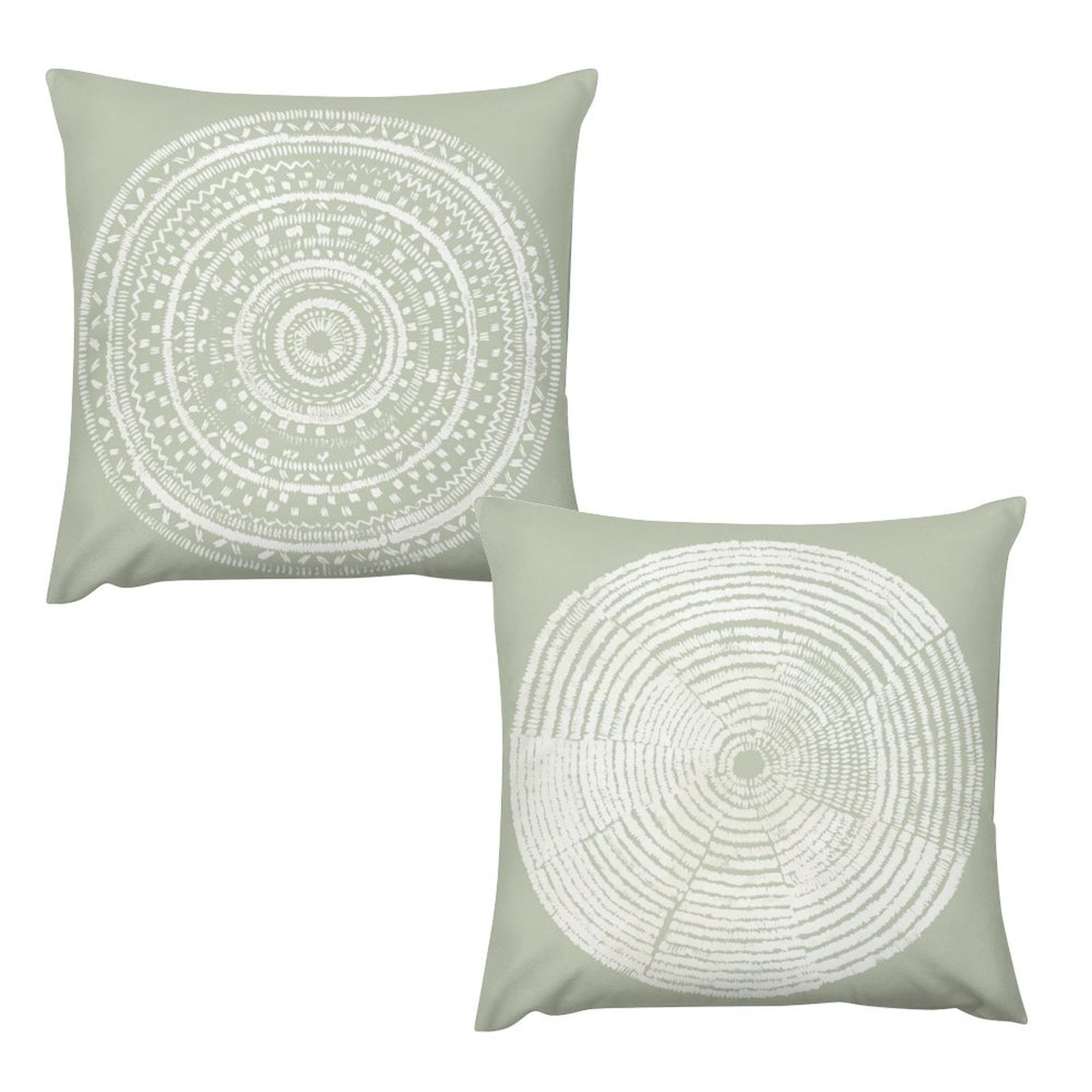 Set of 2 square throw pillow covers, short plush fabric, light green with white mandala and tree ring designs