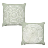 Set of 2 square throw pillow covers, short plush fabric, light green with white mandala and tree ring designs