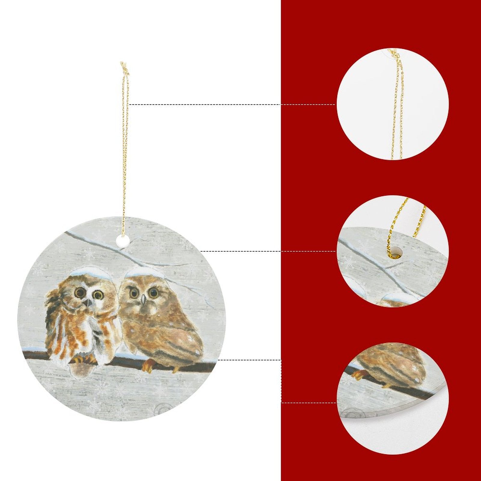 Personalized round ceramic Christmas ornament with owl design, holiday decor and perfect gift.
