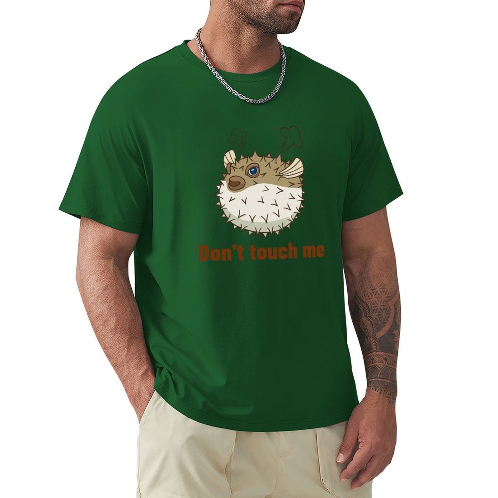 Green cotton t-shirt with pufferfish graphic and "Don't touch me" text - Men's tee