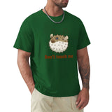Men's green crew neck t-shirt with pufferfish graphic and "Don't touch me" text