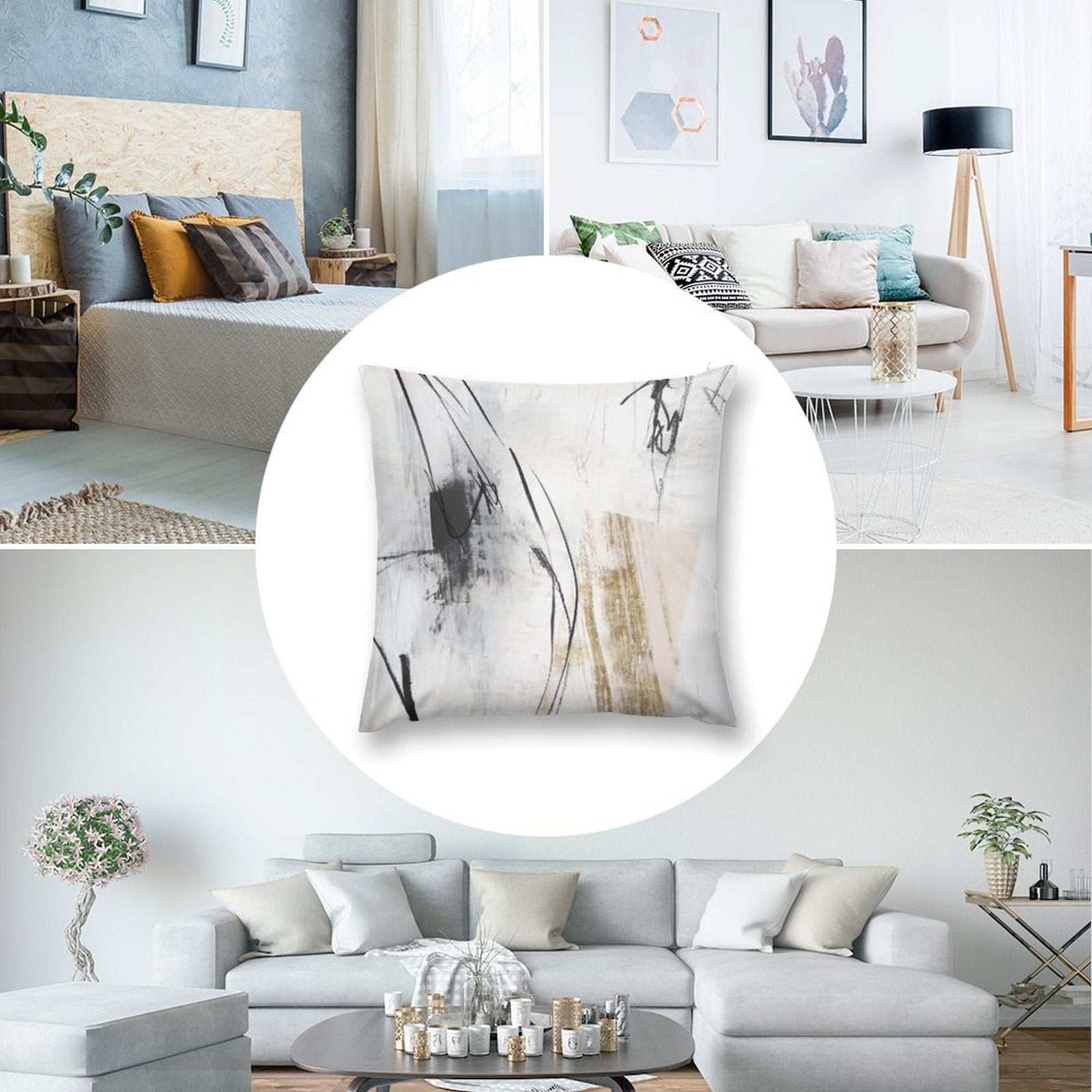 Abstract art plush pillow cover in black, white, and gold. Soft decorative pillow for sofa and living room.