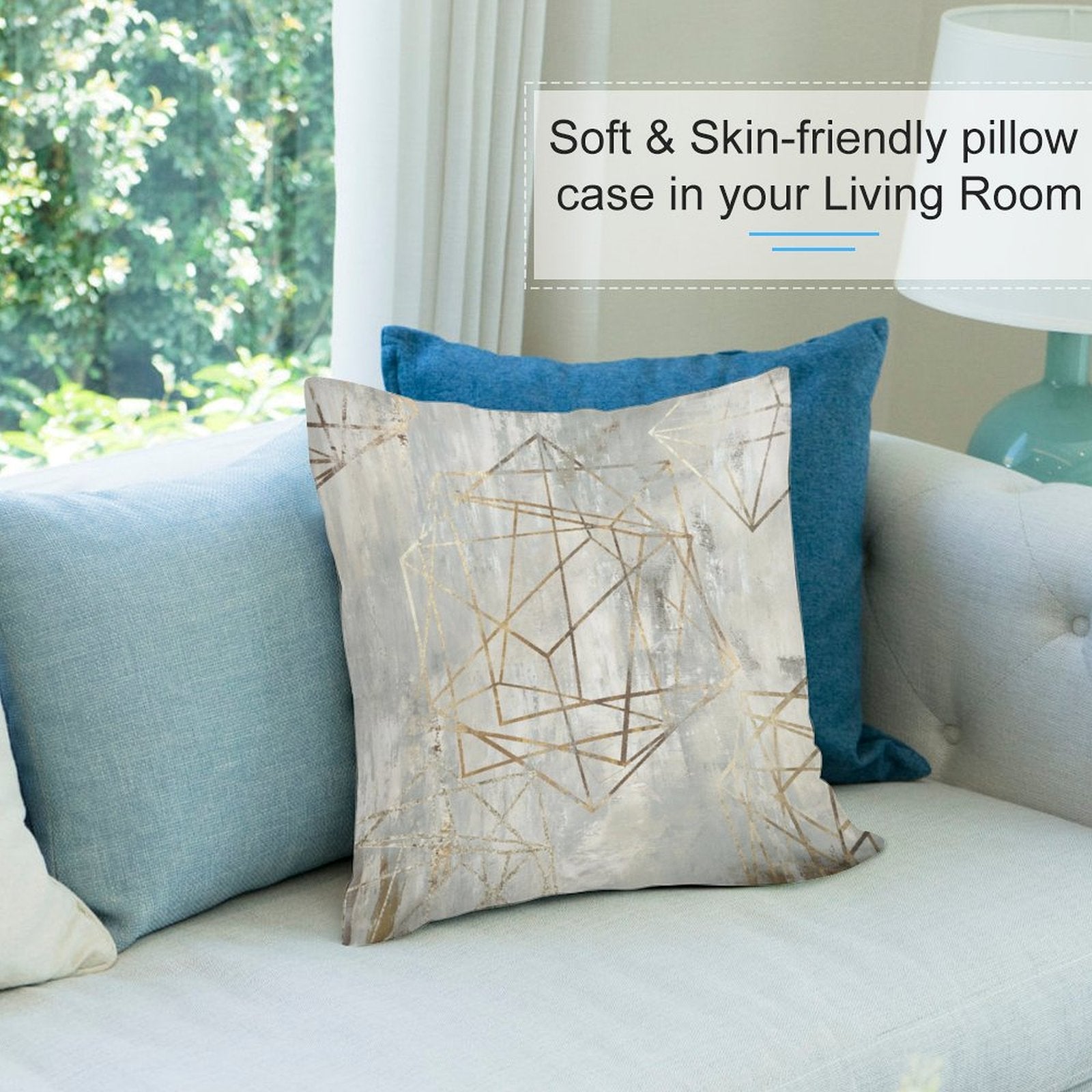 Geometric gold plush pillow cover with abstract design, skin-friendly material, perfect for sofa or couch in your living room