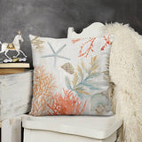 Watercolor beach pillow cover with starfish and coral design, soft plush material for sofa or living room.