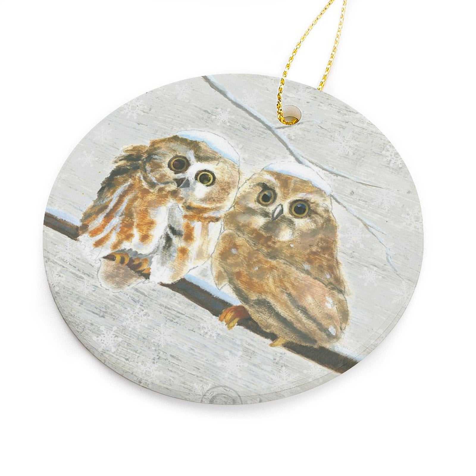 Personalized round ceramic Christmas ornament with two owls design, holiday decor, and perfect gift.