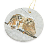 Personalized round ceramic Christmas ornament with two owls design, holiday decor, and perfect gift.