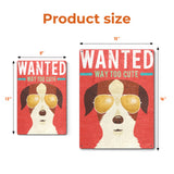 Wanted Way Too Cute metal sign product size guide, iron wall art, dog wearing sunglasses, perfect gift for dog lovers