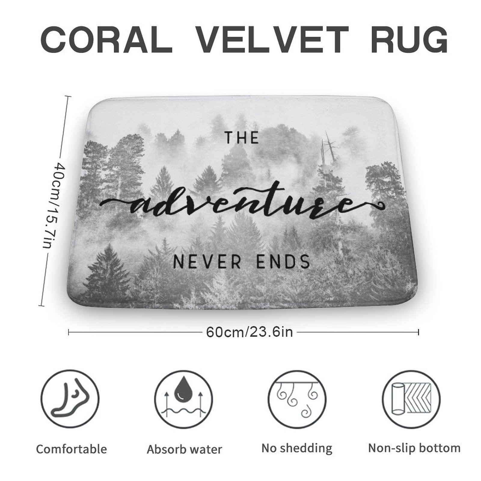 Coral velvet rug with misty forest design, perfect for bathroom; features non-slip, absorbent, and comfortable.