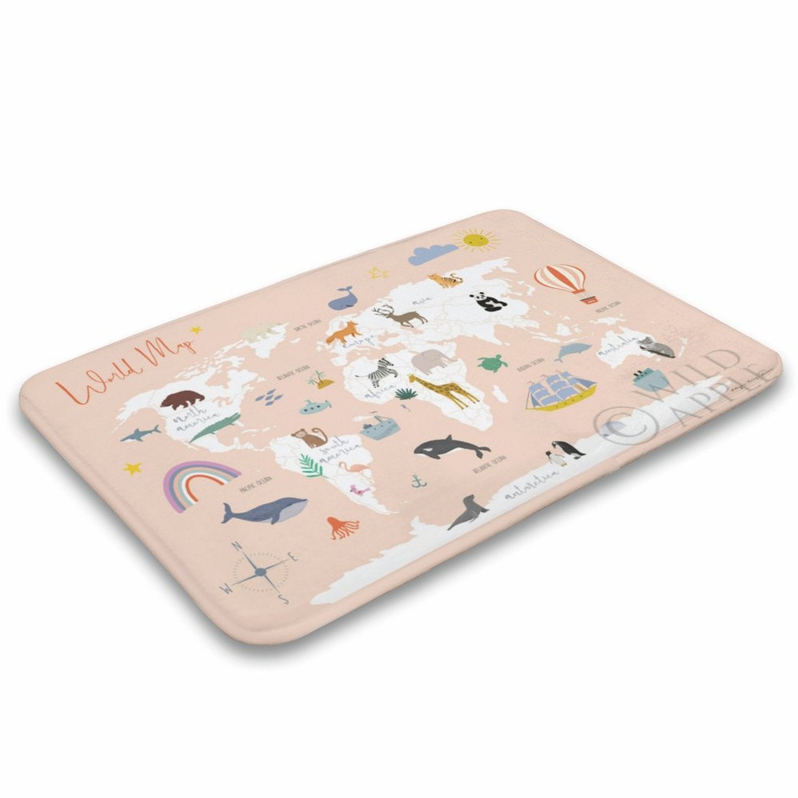 Coral world map bath rug for bathroom, non-slip, absorbent, featuring animal and world landmarks design