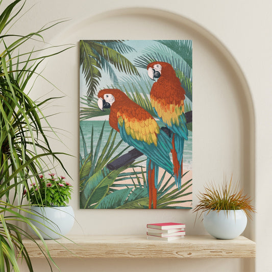 Modern wall art print featuring two colorful parrots in a tropical setting. Canvas print for living room decor.