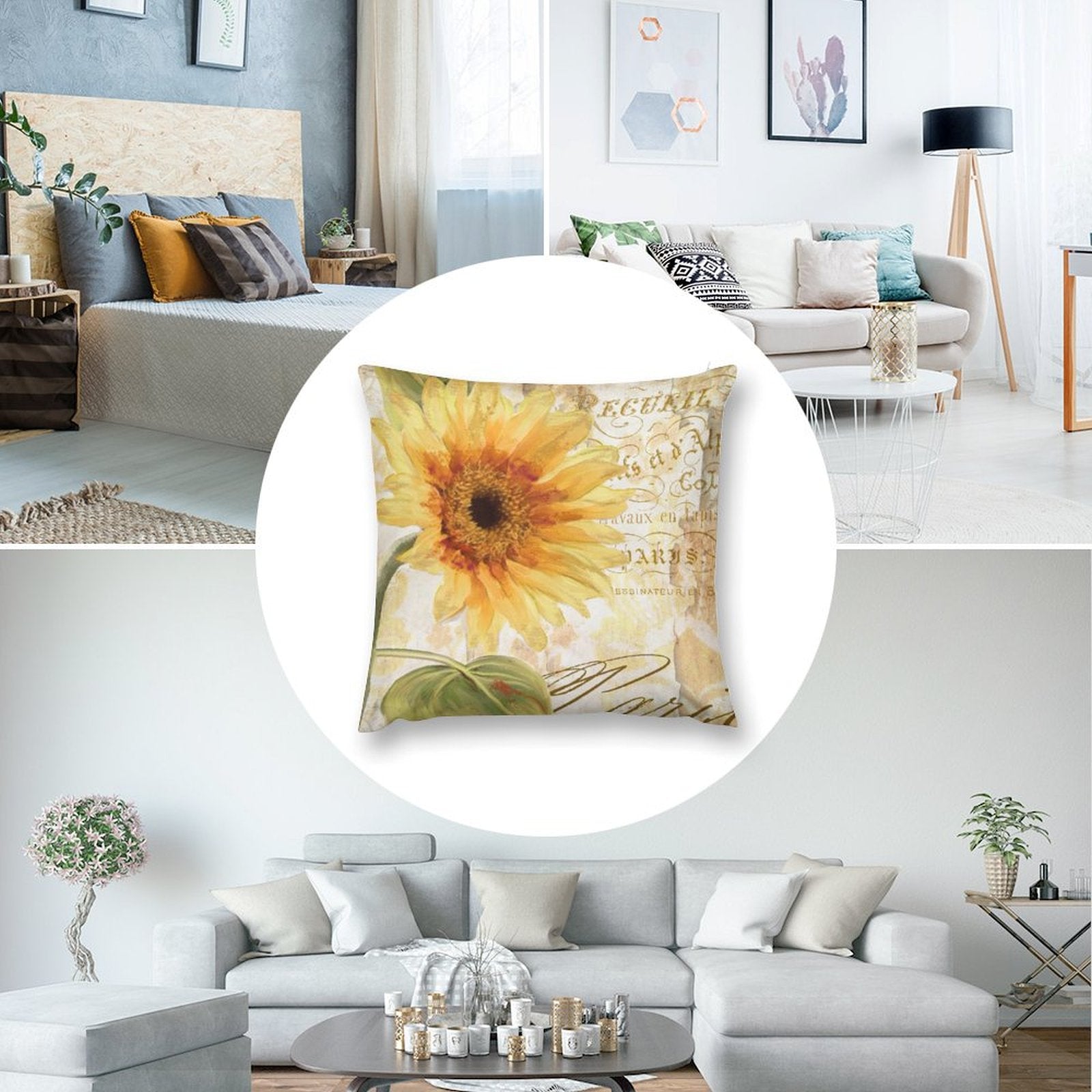Sunflower pillow cover in living room setting. Soft plush pillow with vintage French design and text, for sofa or couch