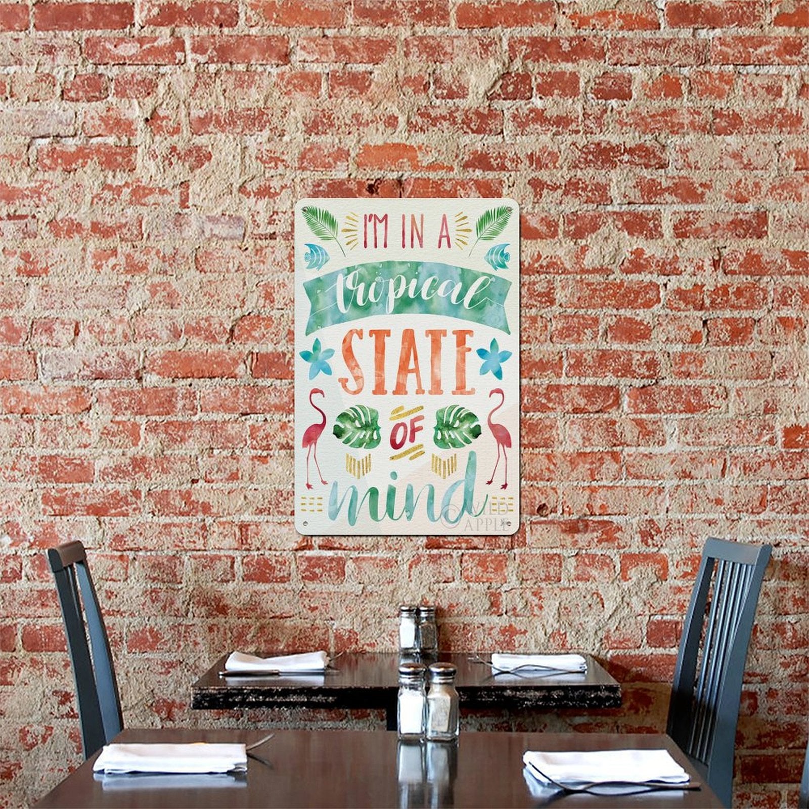 Aluminum plaque with 'I'm in a Tropical State of Mind' design, perfect wall art for home and office.