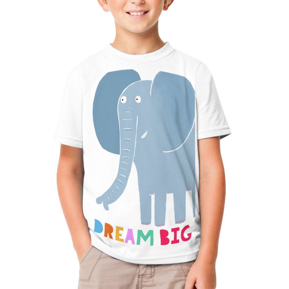 Kids' short sleeve t-shirt with a playful elephant design and DREAM BIG text, perfect for summer wear.