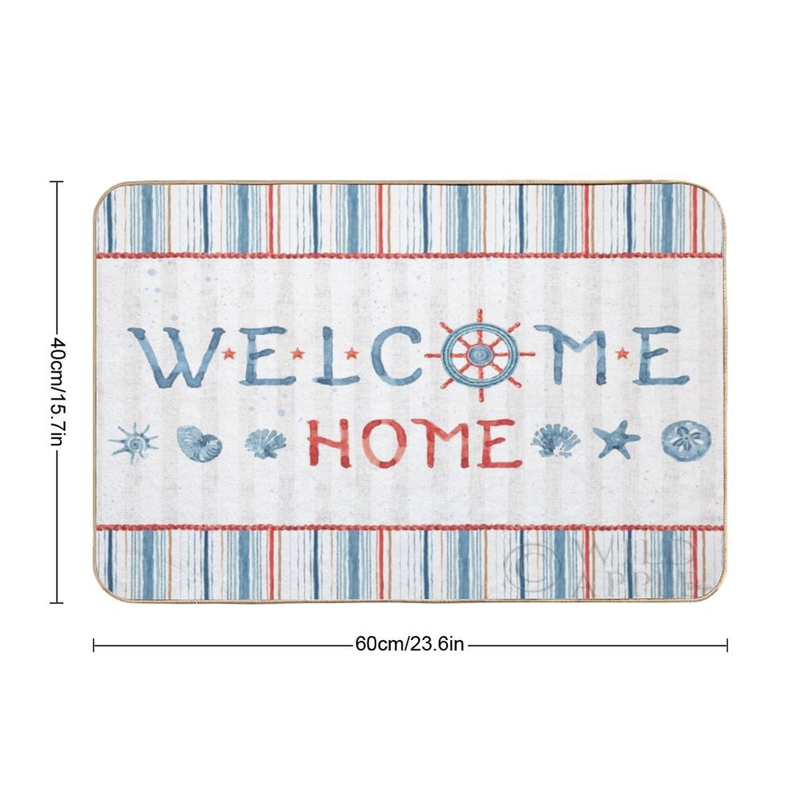 Nautical Welcome Home floor mat with blue and red stripes, washable doormat. 40x60cm
