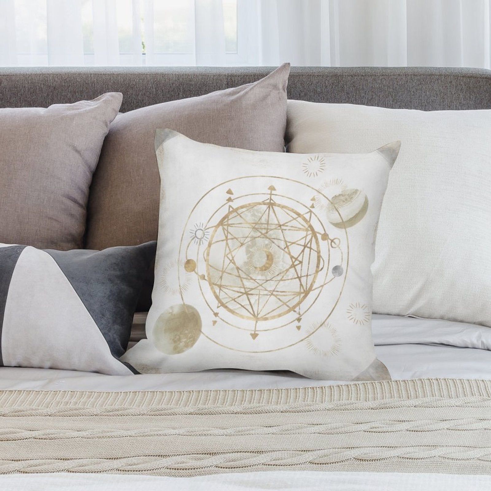 Plush pillow cover with gold celestial design for sofa, couch, or bedroom decor. Soft, fluffy, and durable, MyArtsyGift