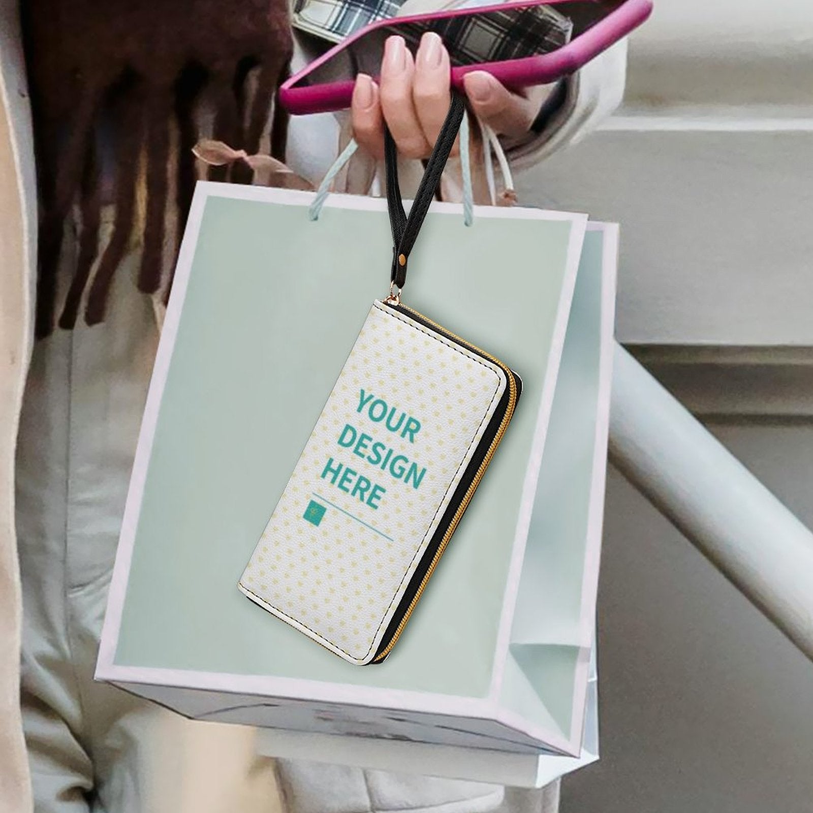 Personalized PU leather wristlet wallet with custom design and wrist strap, perfect for gifting.