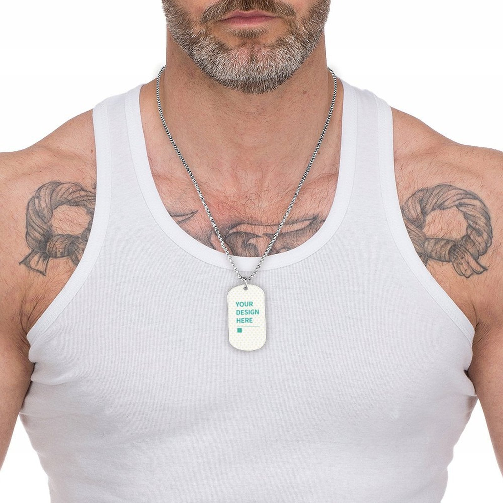 Customizable titanium steel dog tag pendant necklace with 'YOUR DESIGN HERE' text, personalized photo pendant